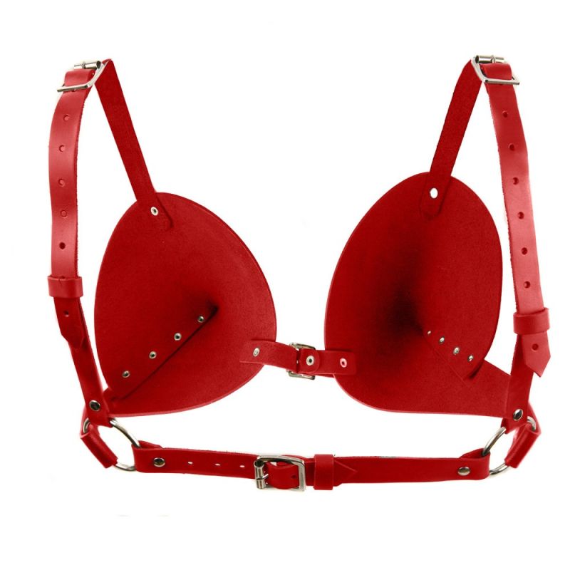 Бюстгалтер - конус "L27" RED, экокожа, ручная работа, красный вид 7