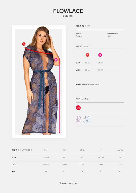 Пеньюар полупрозрачный с кружевом Obsessive Flowlace синий, S/M вид 8