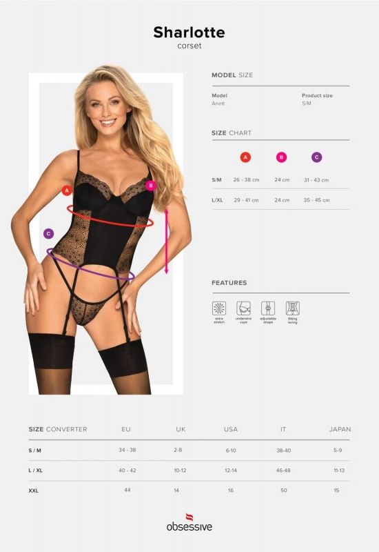 Комплект Obsessive Sharlotte корсет с пажами для чулков и трусики стринги, черный, S/M вид 8