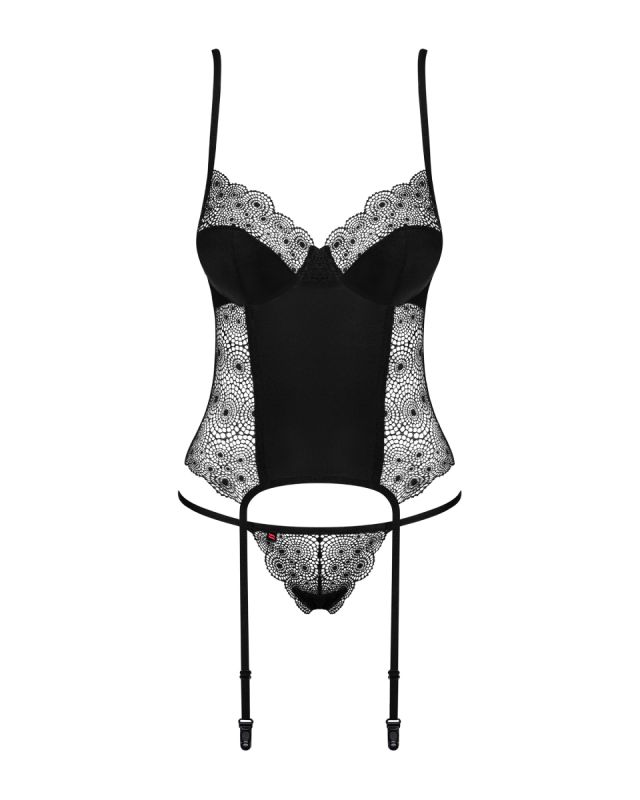 Комплект Obsessive Sharlotte корсет с пажами для чулков и трусики стринги, черный, S/M вид 9