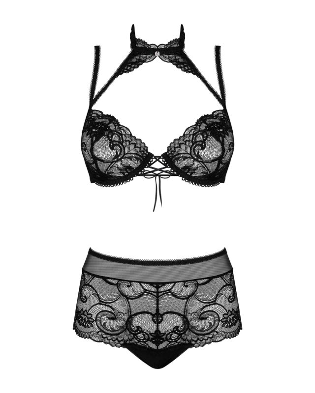 Комплект Obsessive Elizenes зі шнурівкою на ліфі та мереживним чокером, чорний, S/M вид 6