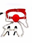 Кляп DS Fetish Ball gag with nipple clamps red вид 2
