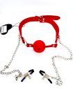 Кляп DS Fetish Ball gag with nipple clamps red вид 3