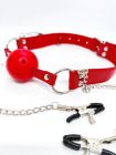 Кляп DS Fetish Ball gag with nipple clamps red вид 4
