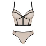 Комплект Obsessive Nudelia бюстьє з трусиками, бежевий з чорним, S/M