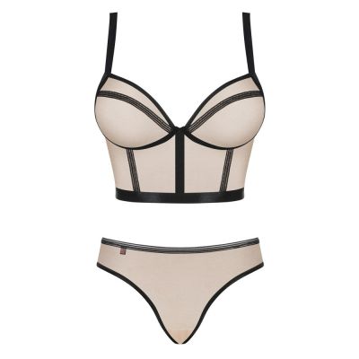 Комплект Obsessive Nudelia бюстьє з трусиками, бежевий з чорним, S/M