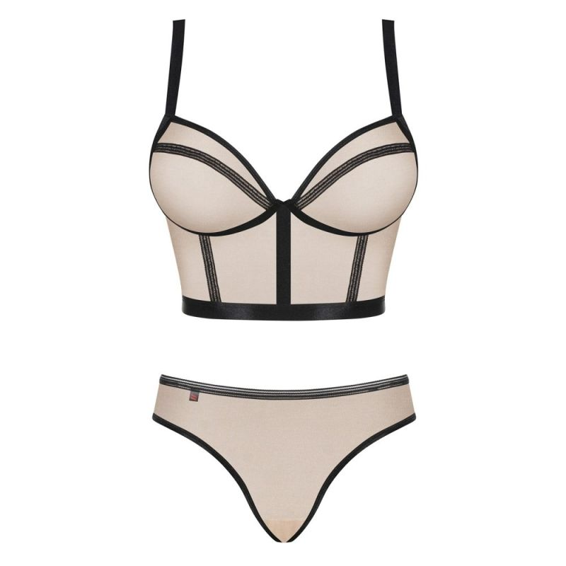 Комплект Obsessive Nudelia бюстьє з трусиками, бежевий з чорним, S/M вид 4