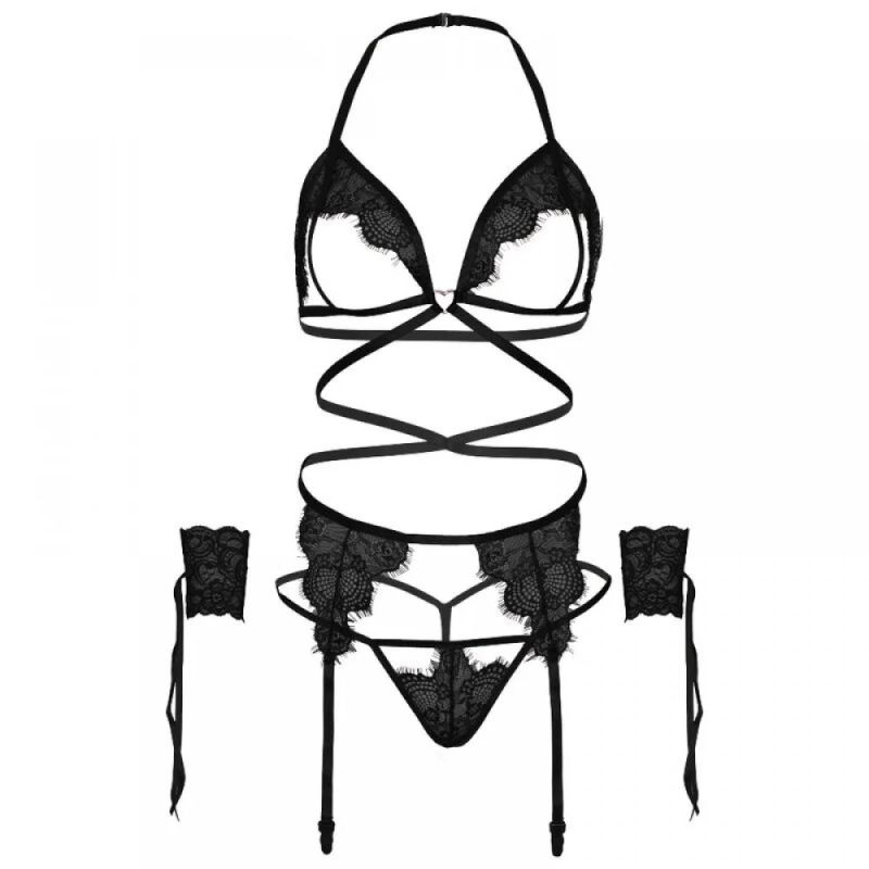 Комплект нижньої білизни Leg Avenue Eyelash Lace Open Cup Black O\S вид 6