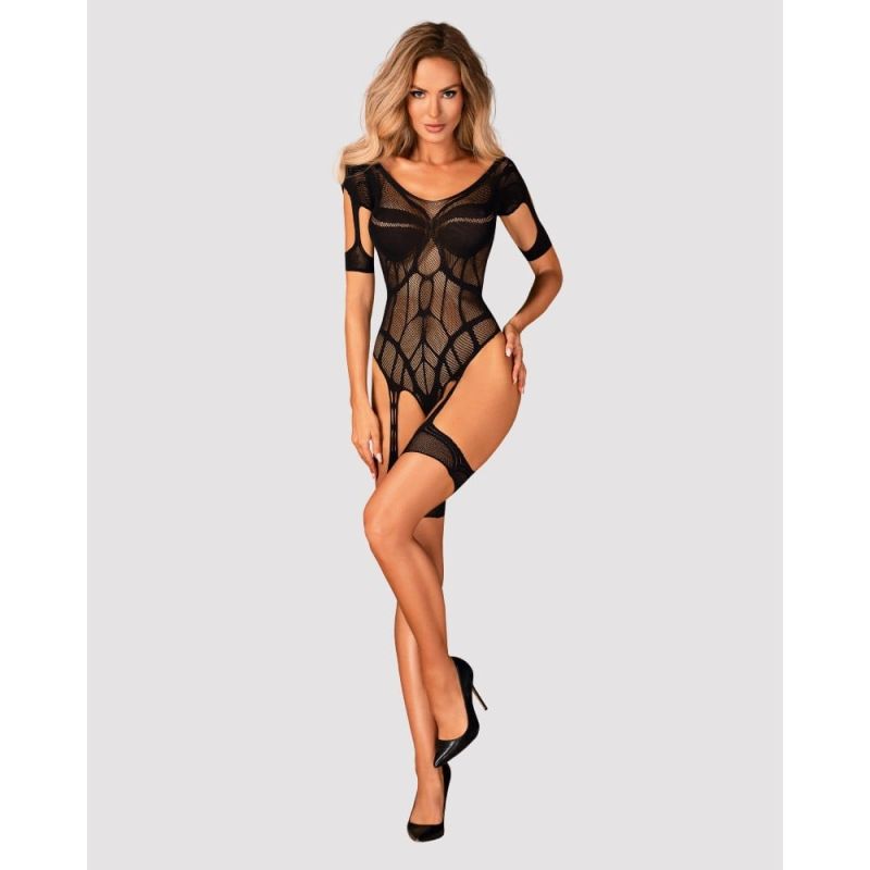Боді в дрібну сітку Obsessive G334 з відкритим доступом та імітацією панчох, чорний, S/M/L вид 4