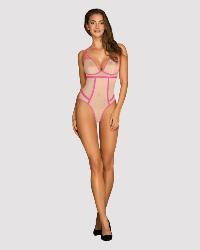 Боди телесный Obsessive Nudelia с розовой отделкой, S/M вид 4