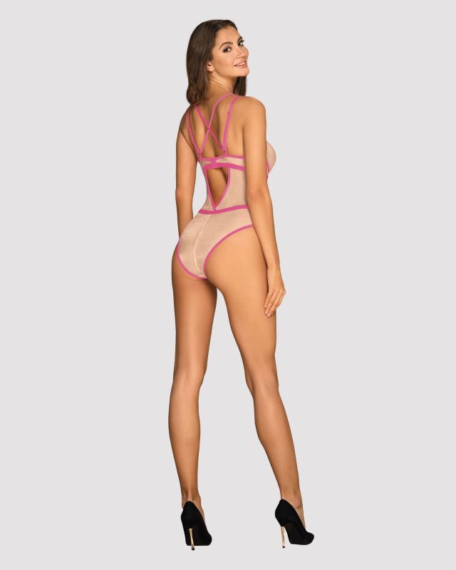 Боди телесный Obsessive Nudelia с розовой отделкой, S/M вид 5