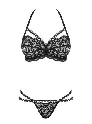 Комплект кружевной Obsessive Joylace с вкраплениями жемчужин, черный, L/XL