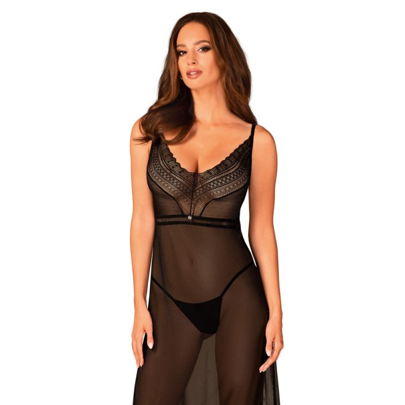 Пеньюар довгий Obsessive Estiqua з відкритою спиною, чорний, M/L вид 4