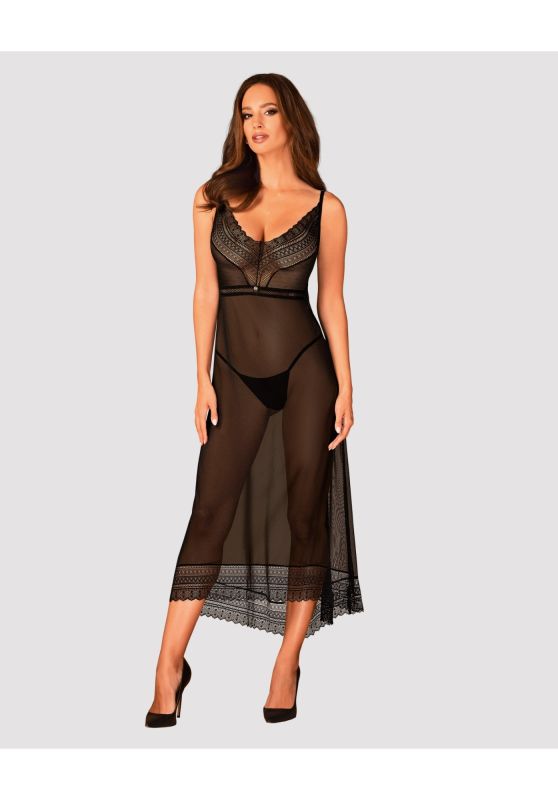 Пеньюар довгий Obsessive Estiqua з відкритою спиною, чорний, M/L вид 6