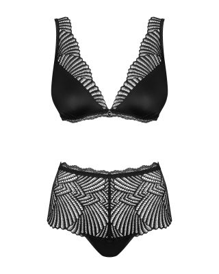 Комплект мереживний Obsessive Klarita ліф і трусики з високою посадкою, чорний, L/XL