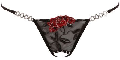 Стринги сексуальні Cottelli Collection String Rose з вишивкою та імітацією шнурівки, чорні, M/L