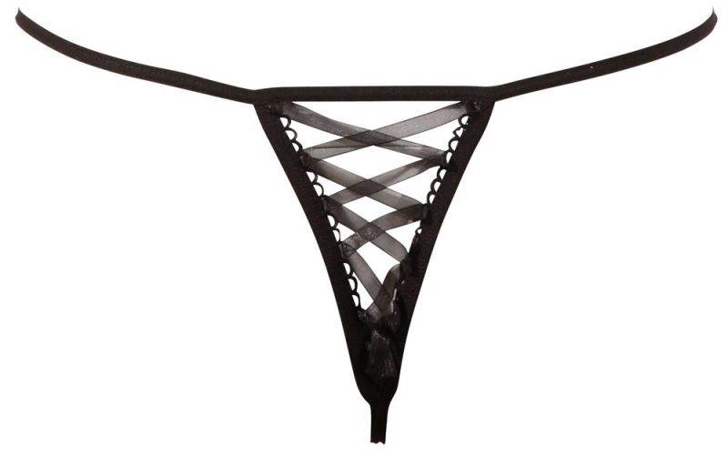 Стринги сексуальные Cottelli Collection String Rose с вышивкой и имитацией шнуровки, черные, M/L вид 6