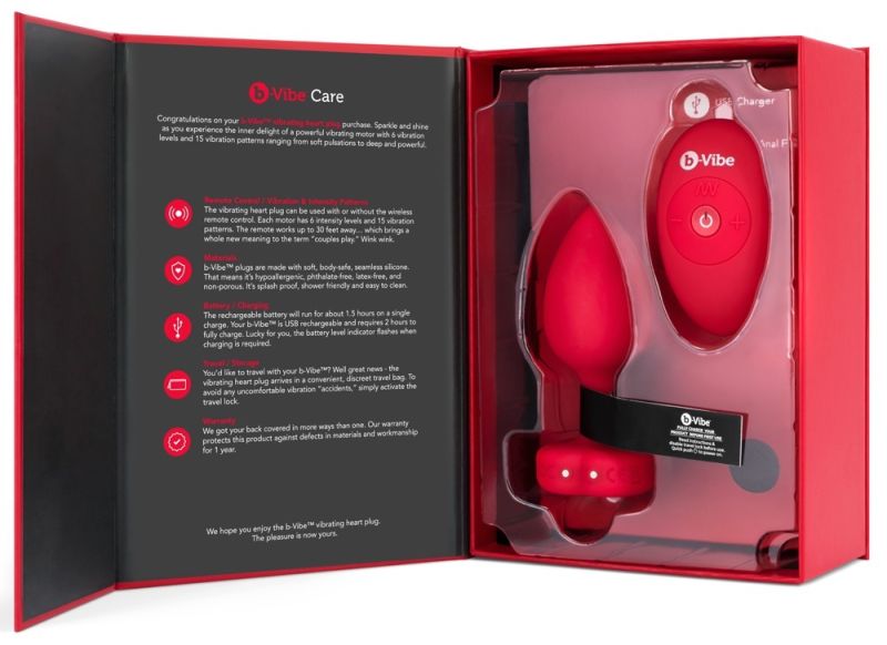 Анальная пробка с вибрацией и пультом управления B-Vibe Vibrating Heart Plug M/L Red вид 8