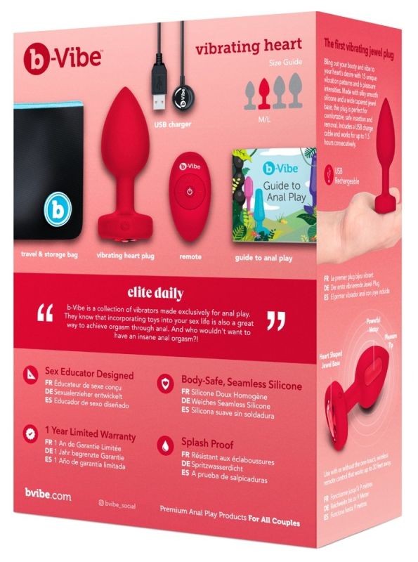 Анальная пробка с вибрацией и пультом управления B-Vibe Vibrating Heart Plug M/L Red вид 11