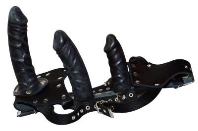 Страпон ZADO Fetish зі шкіри з трьома фалоімітаторами, чорний, розмір S/M