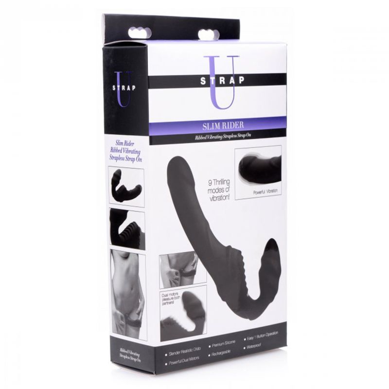 Женский вибрострапон Slim Rider Ribbed Ribbed Vibrating Silicone Strapless Strap On, черный вид 7