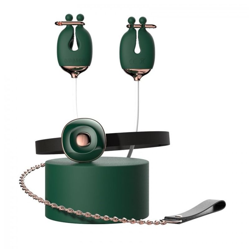 Набор зажимы для сосков с вибрацией и ошейник с поводком Qingnan No.2, зеленый вид 2