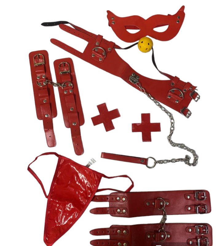 Комплект 6 предметов (наручники+маска+пестисы+ошейник с кляпом+трусы+поножи) Sunspice вид 3