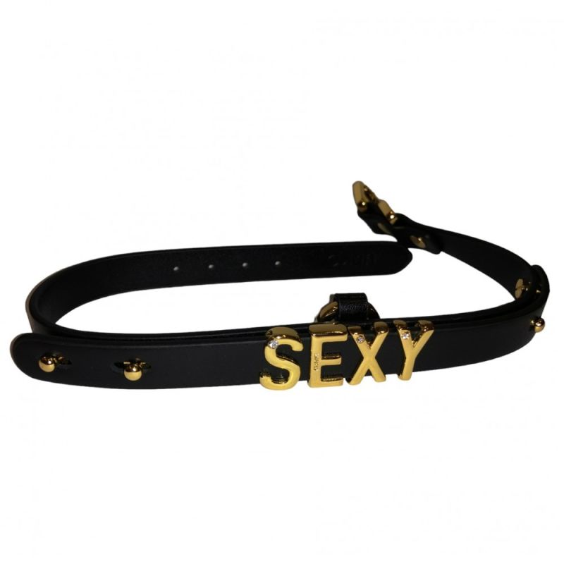 Чокер с надписью SEXY от UPKO из итальянской кожи, черный с золотой фурнитурой вид 3