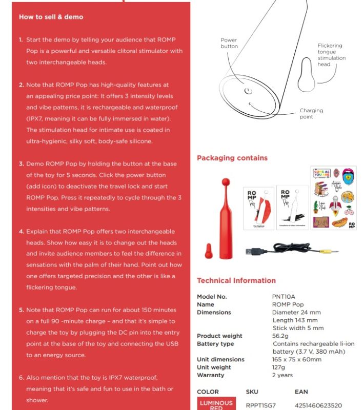 Вибратор для клитора с двумя насадками Romp Pop, красный, 14.3 х 2.4 см вид 16