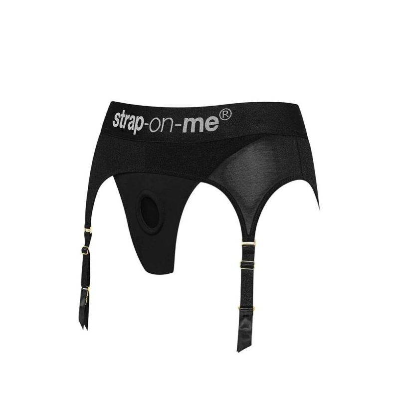 Трусики для страпону, XXL, з підв'язками для панчох Strap-On-Me чорні вид 9