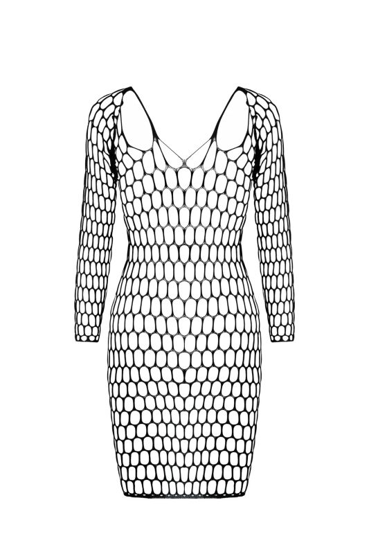 Платье крупная сетка с глубоким декольте и длинными рукавами BS093 черный вид 4