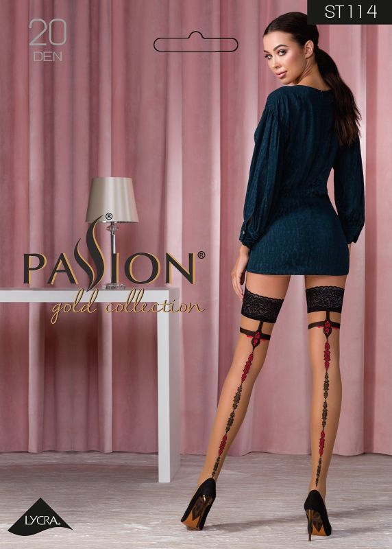 Чулки кружевные ST114 бежевые с черно-красным узором, 5 (20 den) - Passion вид 4