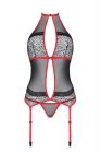 Корсет з пажами для панчох Passion SATARA чорний з червоним оздобленням, S/M вид 4