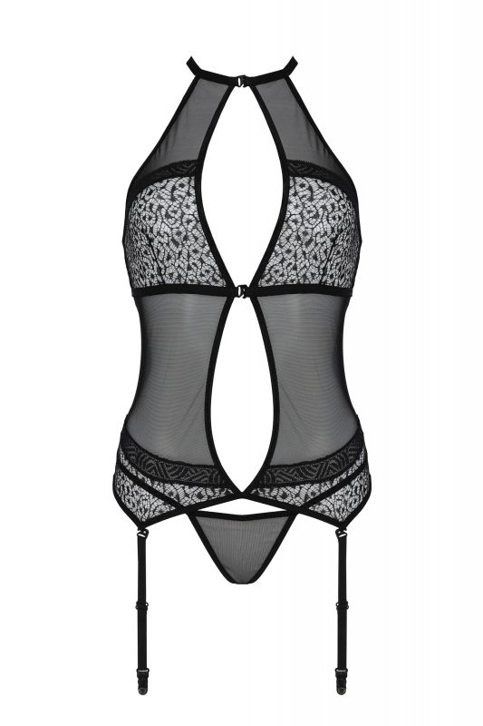 Корсет з пажами для панчох Passion SATARA та стрінгами, чорний, S/M вид 4