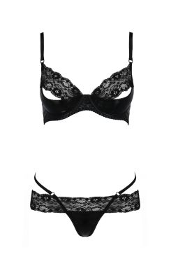 Комплект білизни з латексу Passion NORTH SET з мереживним оздобленням, чорний, S/M