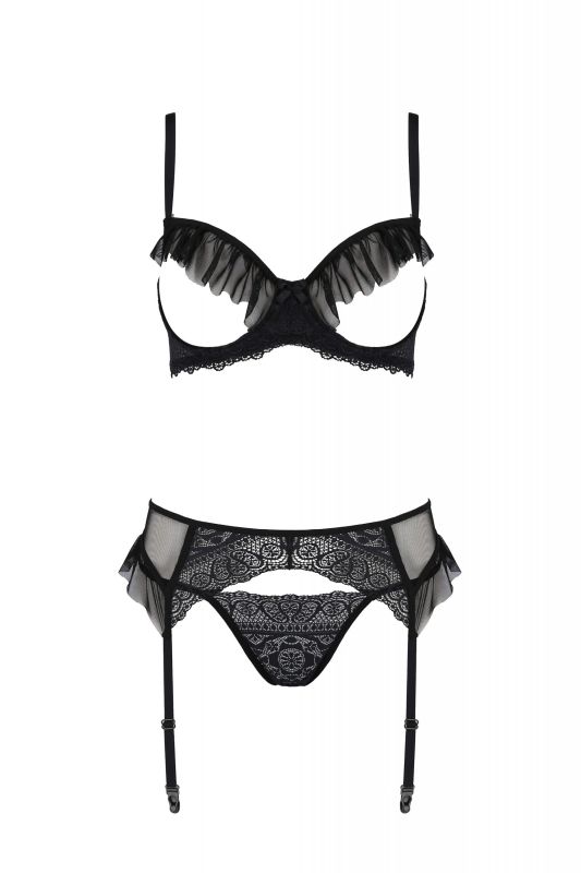 Полупрозрачный комплект белья Passion Kerria с кружевом и открытой грудью, черный, S/M вид 4