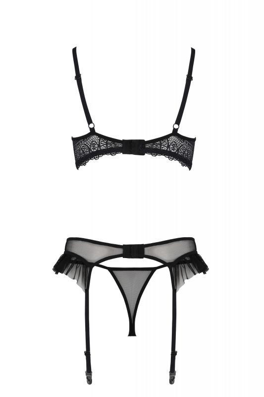 Полупрозрачный комплект белья Passion Kerria с кружевом и открытой грудью, черный, S/M вид 5