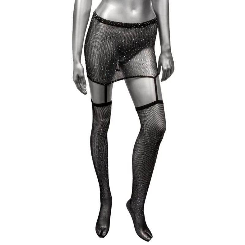 Пояс-спідниця із панчохами у сітку зі стразами Calexotics Garter Skirt Thigh Highs, чорний вид 3