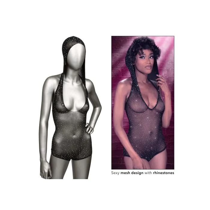 Боди-сетка в стразах с капюшоном CalExotic Hooded Deep V Bodysuit, черный вид 4