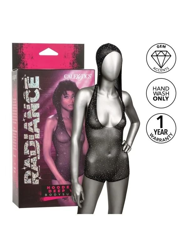 Боди-сетка в стразах с капюшоном CalExotic Hooded Deep V Bodysuit, черный вид 7