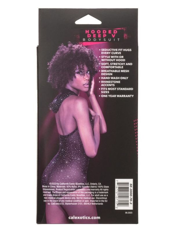 Боді-сітка в стразах із капюшоном CalExotic Hooded Deep V Bodysuit, чорний вид 8
