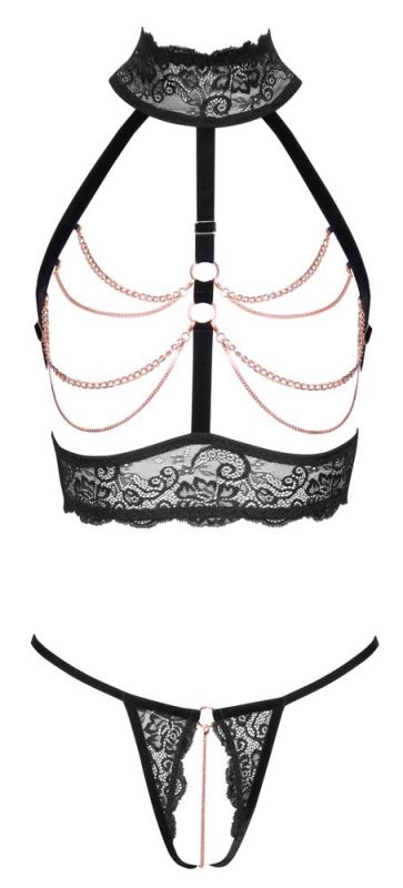 Комплект Abierta Fina открытый лиф с декоративными цепочками и трусики с доступом, черный, XL вид 8