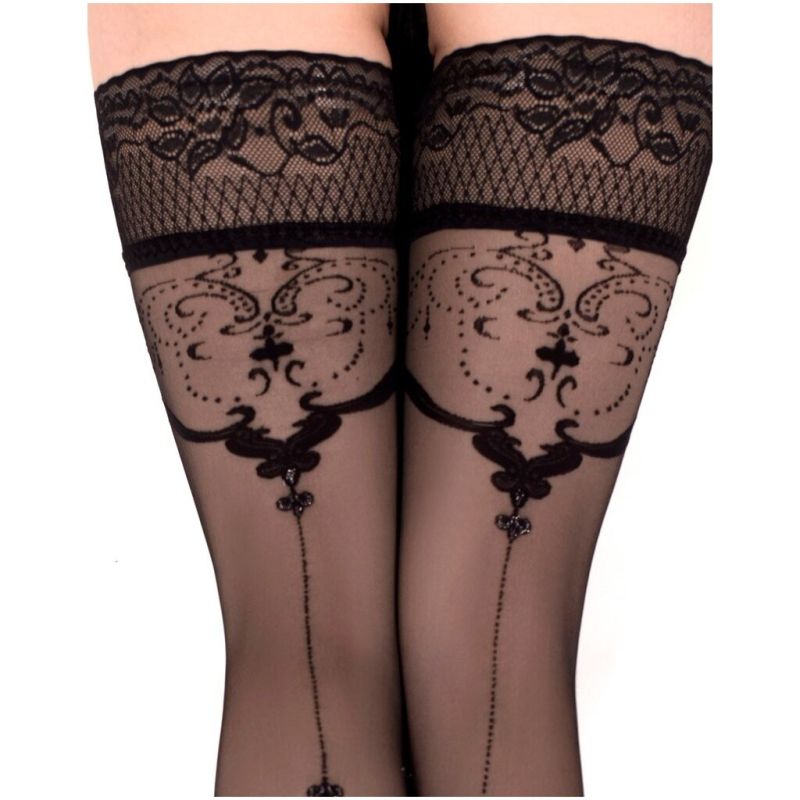 Панчохи Ballerina's Secret з фантазійними візерунками та мереживом на силіконовій основі, чорні, L/XL вид 4