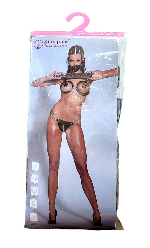 Комплект БДСМ Sunspice ліф з відкритим бюстом, стрінги, наклейки на соски, батіг, маска, O/S вид 3