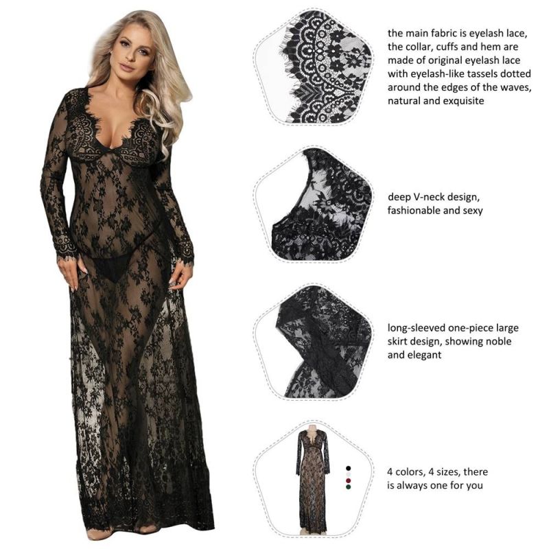 Пеньюар длинный кружевной Star Night и стринги, черный, XS/S вид 5