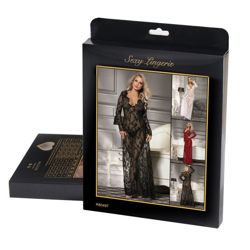 Пеньюар длинный кружевной Star Night и стринги, черный, XS/S вид 6