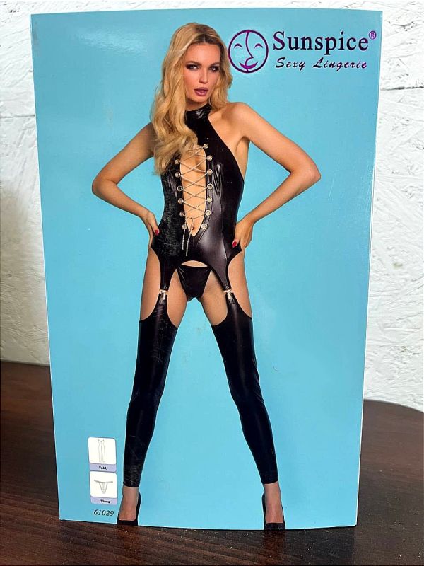 Комбинезон черный с чулками Sunspice и стринги в комплекте, S/M вид 4