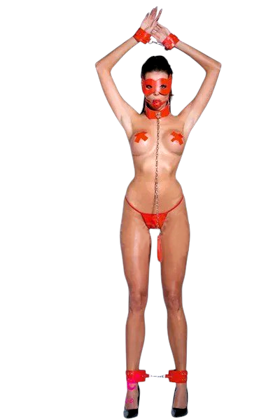 Комплект БДСМ Sunspice ошейник, наручники и поножи, маска, кляп, пестисы и стринги, красный вид 2