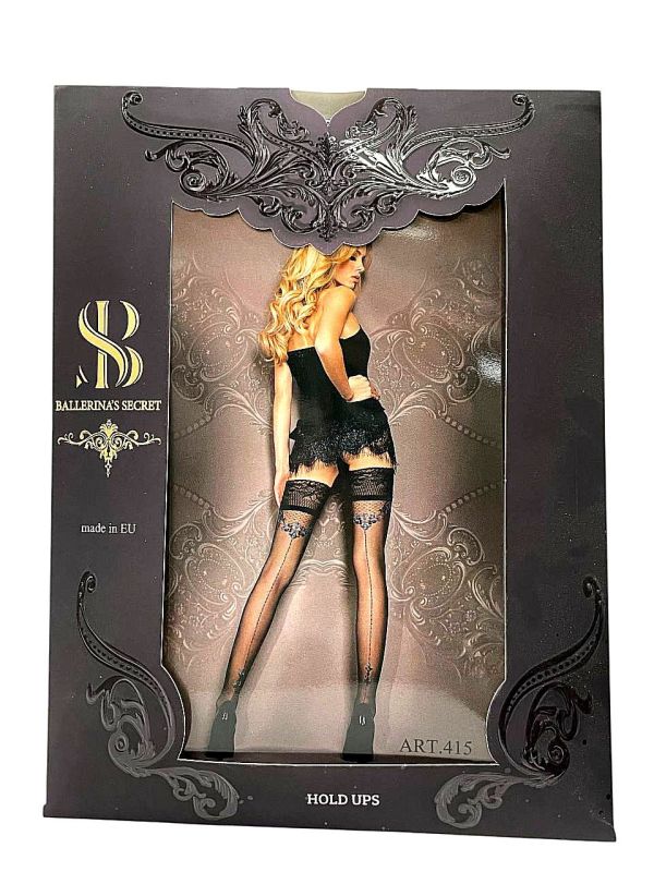 Прозорі чорні панчохи Ballerina's Secret з візерунком, мереживним верхом та заднім швом, S/M вид 5