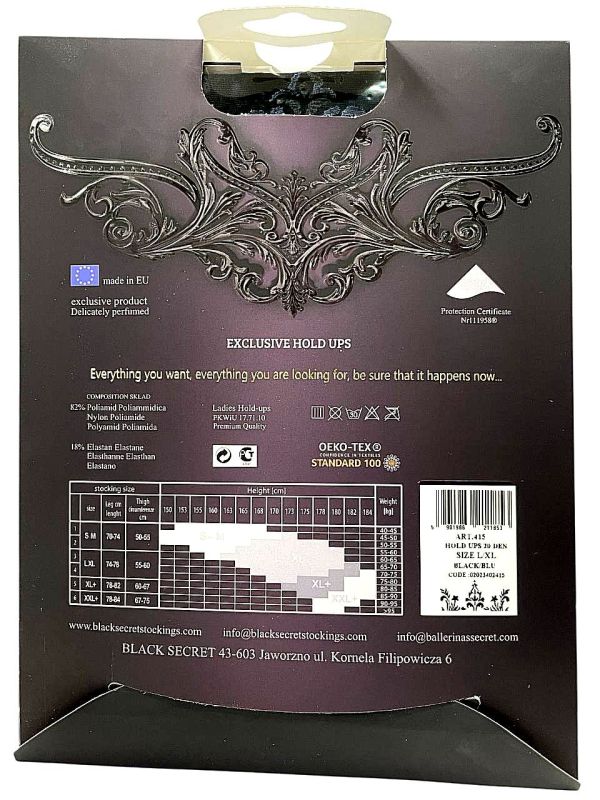 Прозорі чорні панчохи Ballerina's Secret з візерунком, мереживним верхом та заднім швом, S/M вид 6